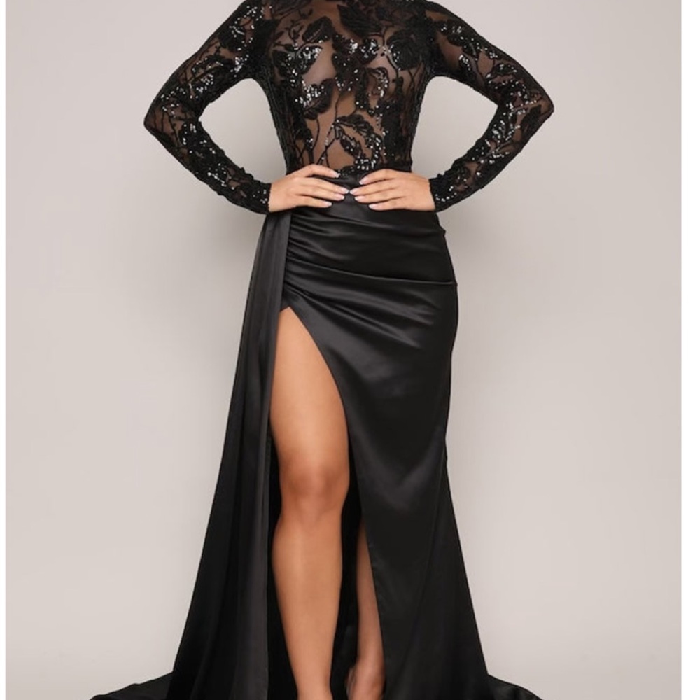 Black Long Sleeve Sequin Lace Evening Gown with Side Slit